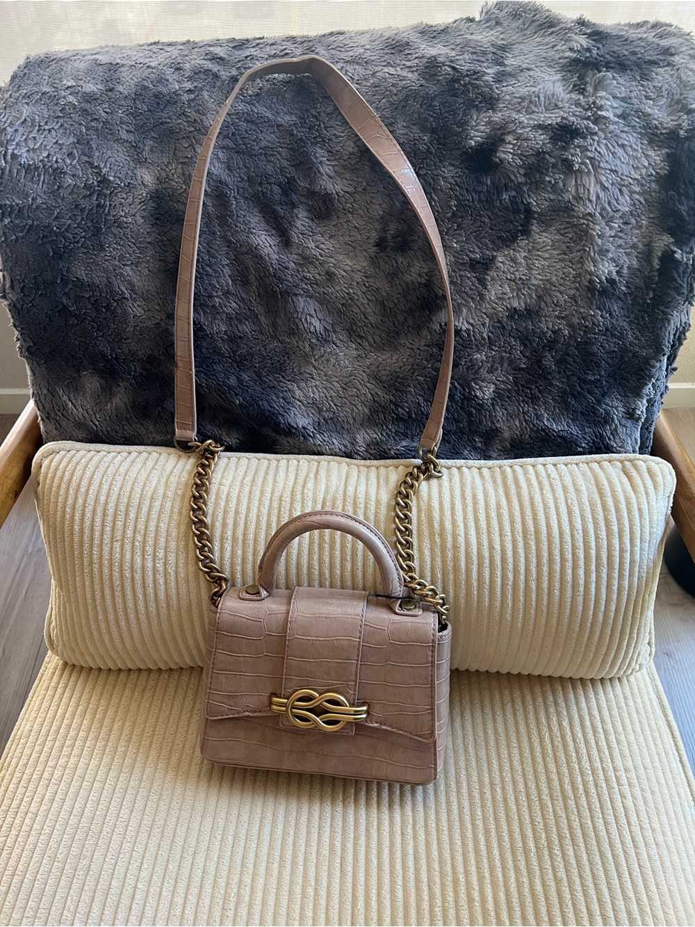 Zara Croc-Embossed Satchel in Taupe with Gold Hardware